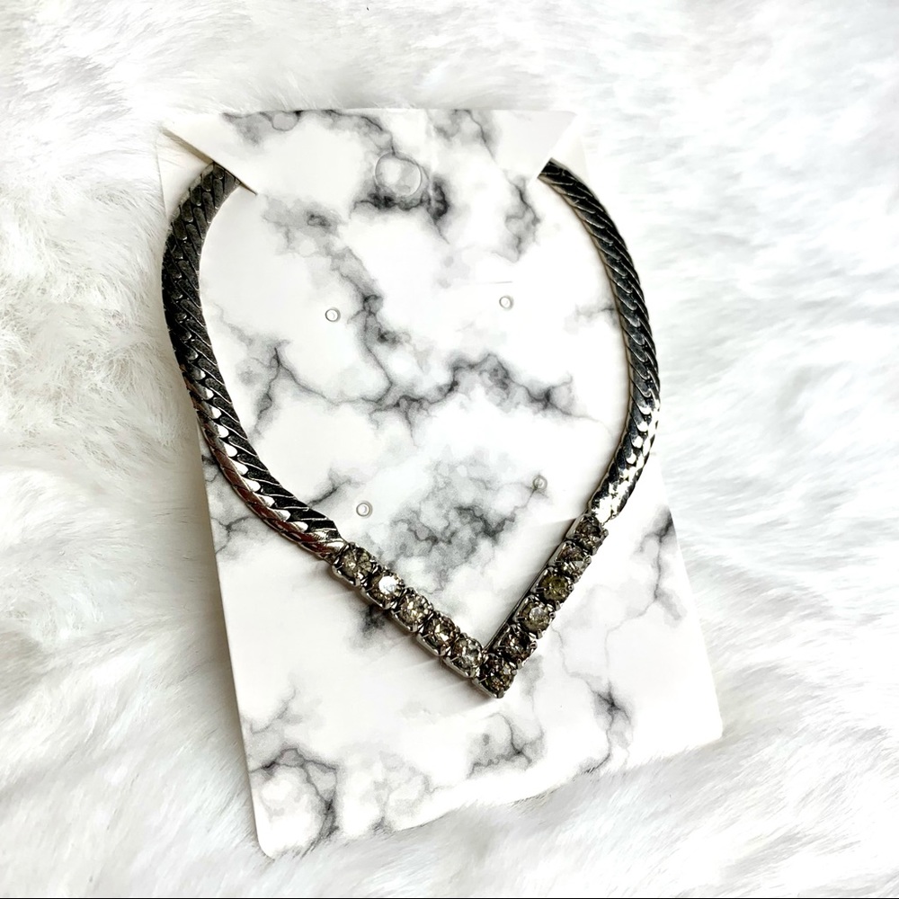 vintage faux diamond V necklace with silver chain 15.5”